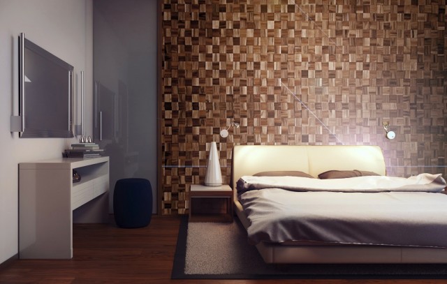 寝室の壁１面にアクセントウォールとして使った施工例。７月の新商品発表以来、工務店からの評判も上々という