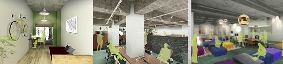 左から、「Share Apartment 」「                                  Share Office」「                                     C lounge」