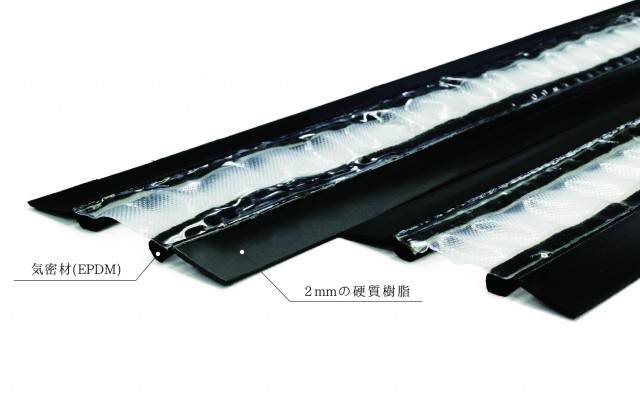 気密材＋２ミリの硬質樹脂部分を組み合わせた構成。硬質樹脂は、高耐久・高寿命な同社の「キソパッキン」と同素材。