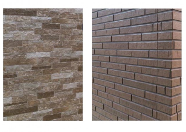 （左）「モエンエクセラード１６Ｆｕ−ｇｅ」 粗く割った石材をランダムに積み上げた柄の「ラシュリーズ」ラシュリーズブラウン （右）「モエンエクセラード１６Ｆｕ−ｇｅ」 エッジを落としたなめらかなやきもののような柄の「シンパティコ」チアールＭＧエボニー