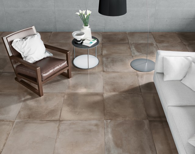 「ケラモス」。８００角の大判タイプはホテルや施設などでも存在感を発揮する。