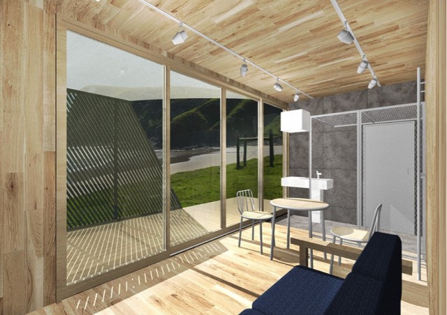 ６ｘ２.４ｍ、約４坪のワンルームサイズ。シャワー、トイレ、キッチンを備えており、夫婦２人＋小さな子ども１人が暮らせるサイズ。