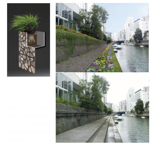 （左）断面。軽量・薄型で重機が不要なため、どんな現場でも短時間で設置可能。前面のスカート部分長さは自由に選べる。 （右上）設置後、（右下）設置前。