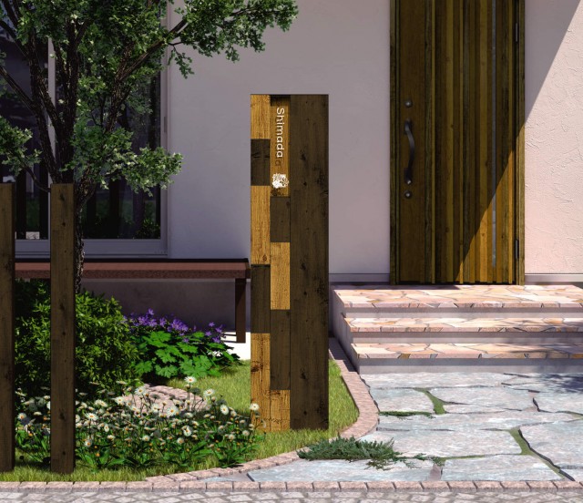 「セレージュ」３型インターホン内蔵タイプ。２１万円。「３型」は板材をランダムに散りばめた個性的なデザイン。