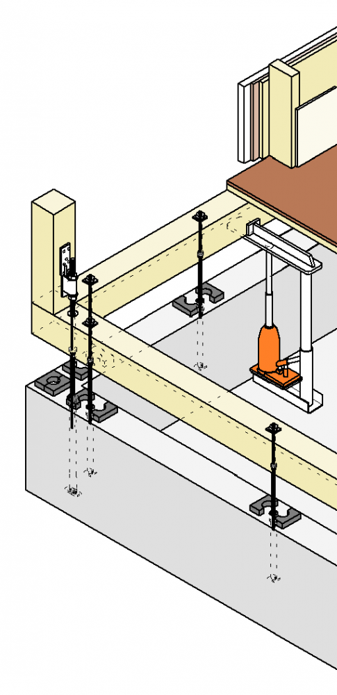 新築時にはアンカーパイプに全ネジボルトの余長が格納されており、可動ナットで連結された常態。 不同沈下発生時にはジャッキをセットして可動ナットをゆるめ、土台が引き揚げられたぶんだけ全ネジボルトの余長が短くなる。可動ナットを下ろしてパイプにはめ込んで引き揚げ完了。