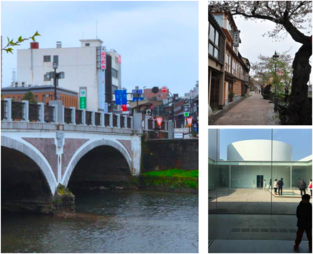 （仮称）金沢橋場町シェア型複合ホテルプロジェクト対岸からの眺め（左）、金沢エリアイメージ（右上下） 