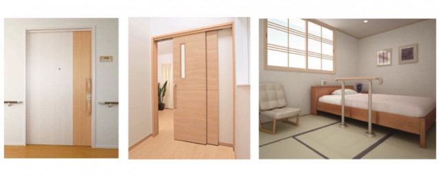 （左）「自閉機能付吊戸」、（中）「２枚連動吊戸」、（右）「床付け手摺用支柱 畳取付けセット」