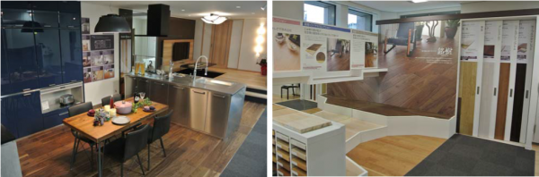 梅田ショールーム　LDKルーム展示とフローリングコーナー