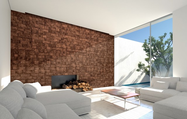 Sunny Mediterranean living room with an enclosed outdoor patio and sun filled room with comfortable sofas and a fireplace with logs. 3d Rendering.