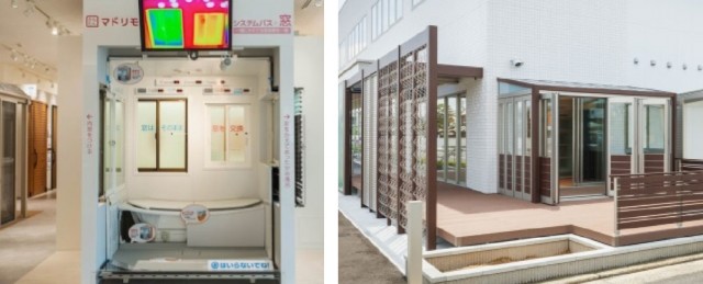 窓、玄関、エクステリア(YKK AP)ゾーン。YKK AP初の試み、屋外でエクステリア商品を複数展示。カーポートや庭まわり商品の実物を確認できる。