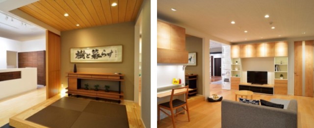 内装建材(DAIKEN)ゾーン。国産材を使用した床材や格子間仕切り、スタイリッシュな和空間を演出する機械すき和紙製の畳など、空間全体をトータルコーディネート。