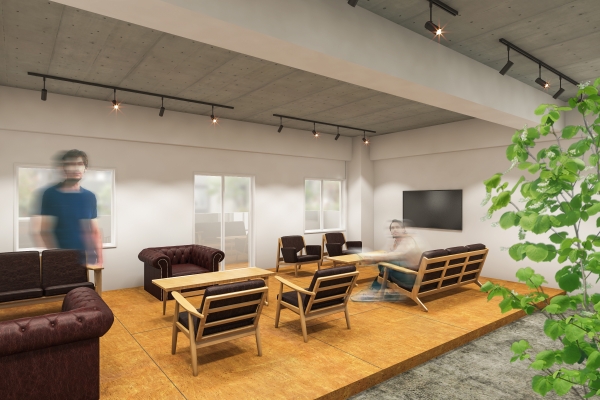 「シェアプレイス行徳」の3つの共用部。上からコモンキッチン、ラウンジ、シェアリビング。