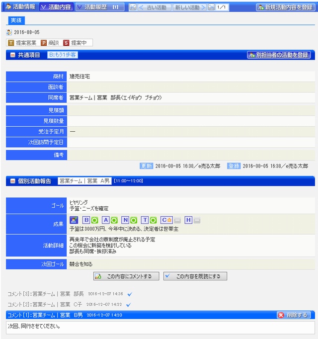 操作画面の例。顧客情報を細かく共有できる