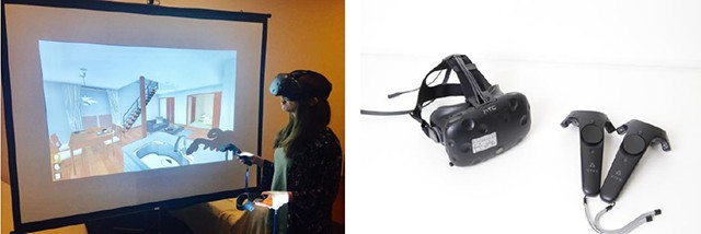 左:VRシステム体感中の様子 右:ヘッドマウントディスプレイ