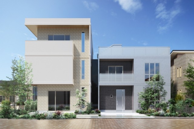 鉄筋コンクリート造の賃貸住宅棟(左)と自由設計戸建住宅「キューブフィット」棟(右)の両方を 見られるレスコハウス 新川崎展示場