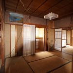 最初に建てた住宅部分の中央の和室。左手の開口部奥に簡易なサンルームがある