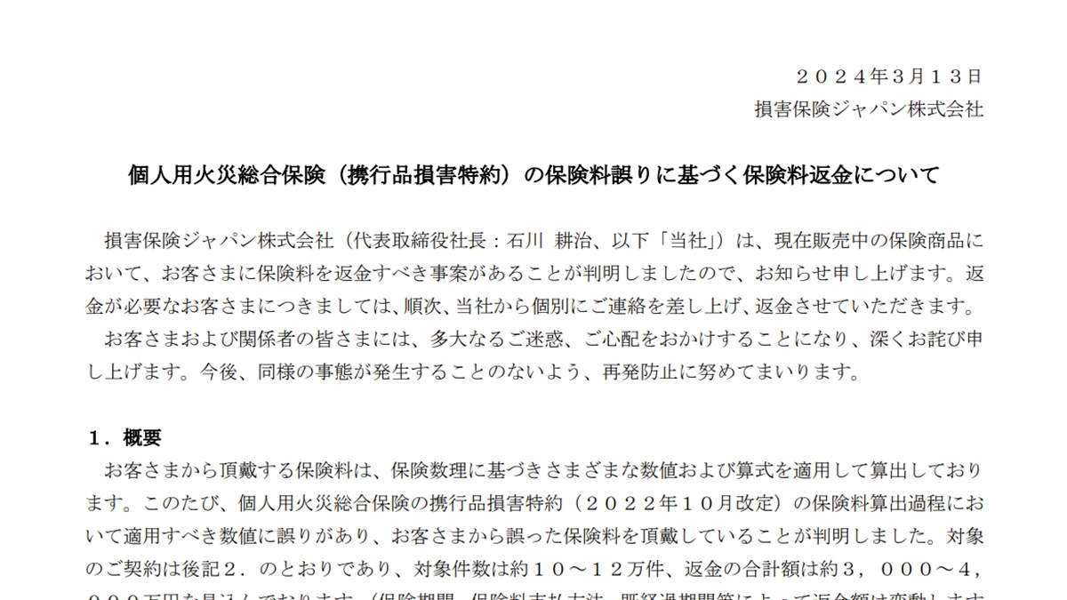 損保ジャパン、火災保険料を過大徴収