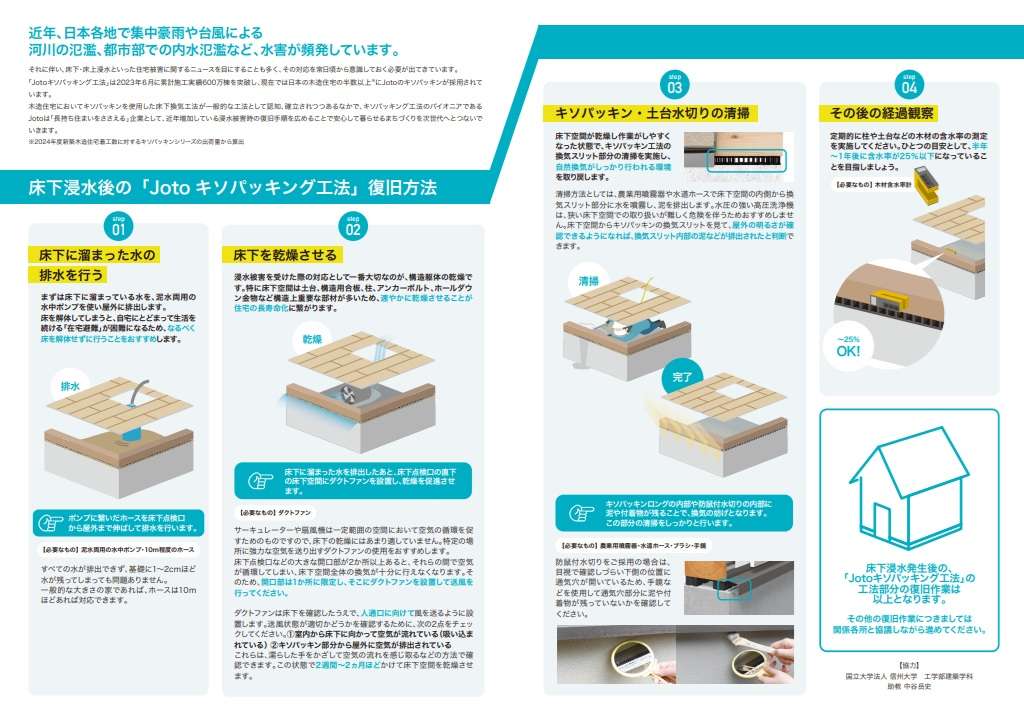 ="城東テクノ、「Jotoキソパッキング工法」床下浸水時の復旧手順を公開" 城東テクノ、「Jotoキソパッキング工法」床下浸水時の復旧手順を公開